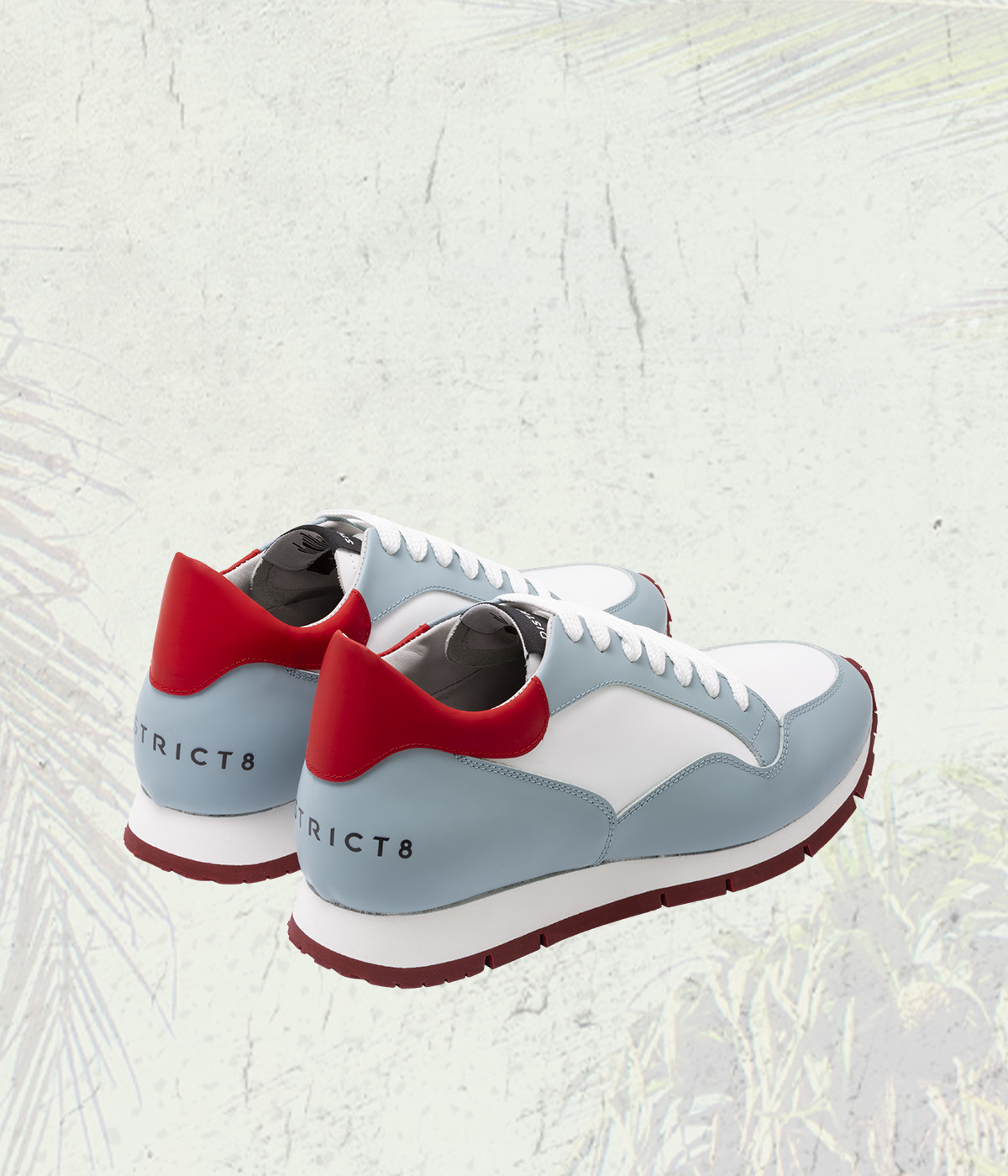 DISTRICT8 - Sneakers Diamond Lane (813) in pelle gommata bianca/celeste, spoiler rosso e logo serigrafato
