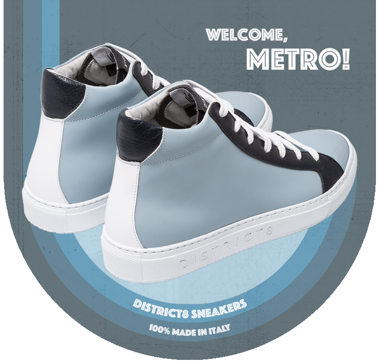 DISTRICT8 - Sneakers Metro Station (831) in pelle gommata celeste/bianca, bufalo blu e logo laserizzato